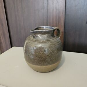 VTG 1981 Hand Made Pottery Pitcher Jug Decor Brown Tan Half Glazed